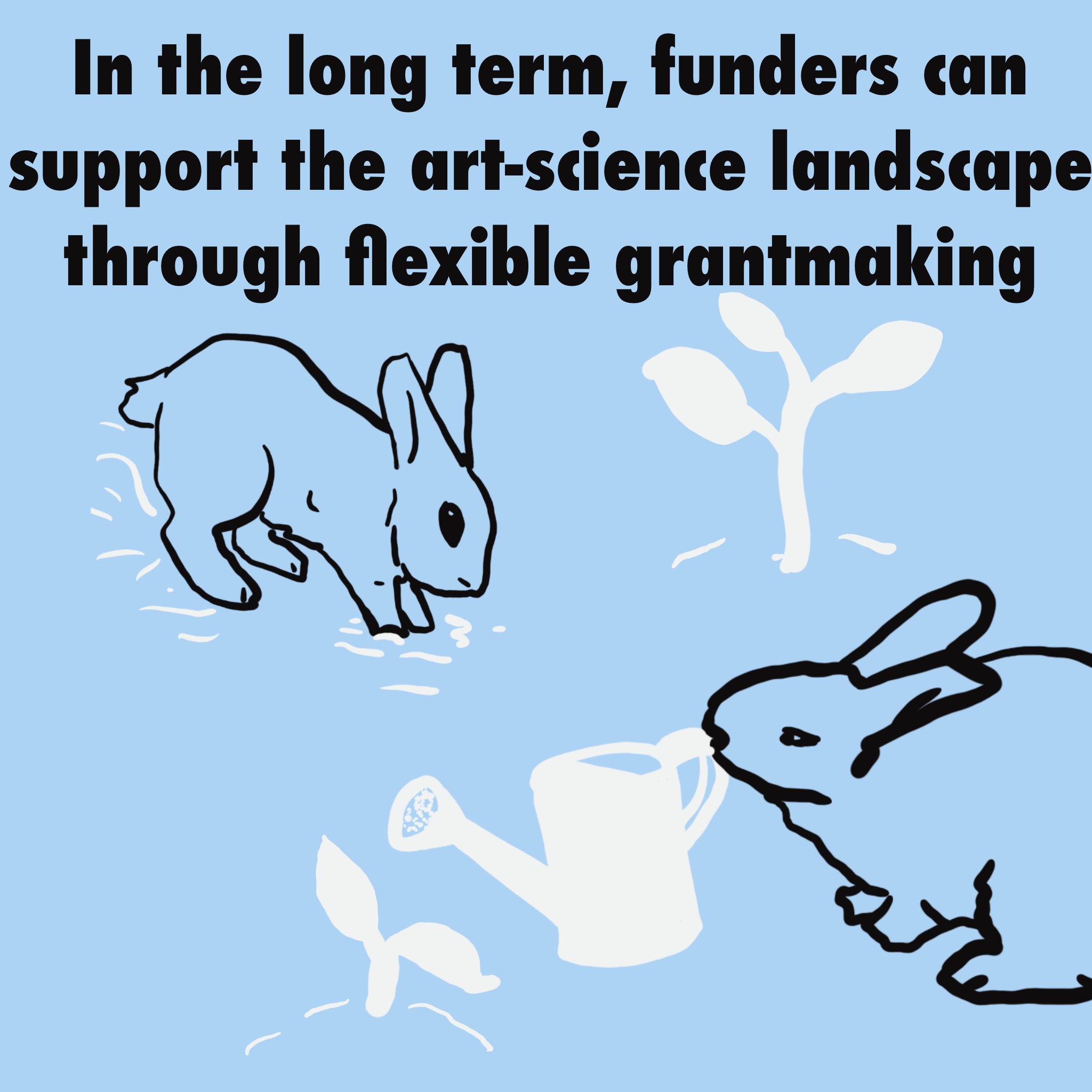 rabbits tend to a garden; one waters flowers with a watering can, another digs in the dirt