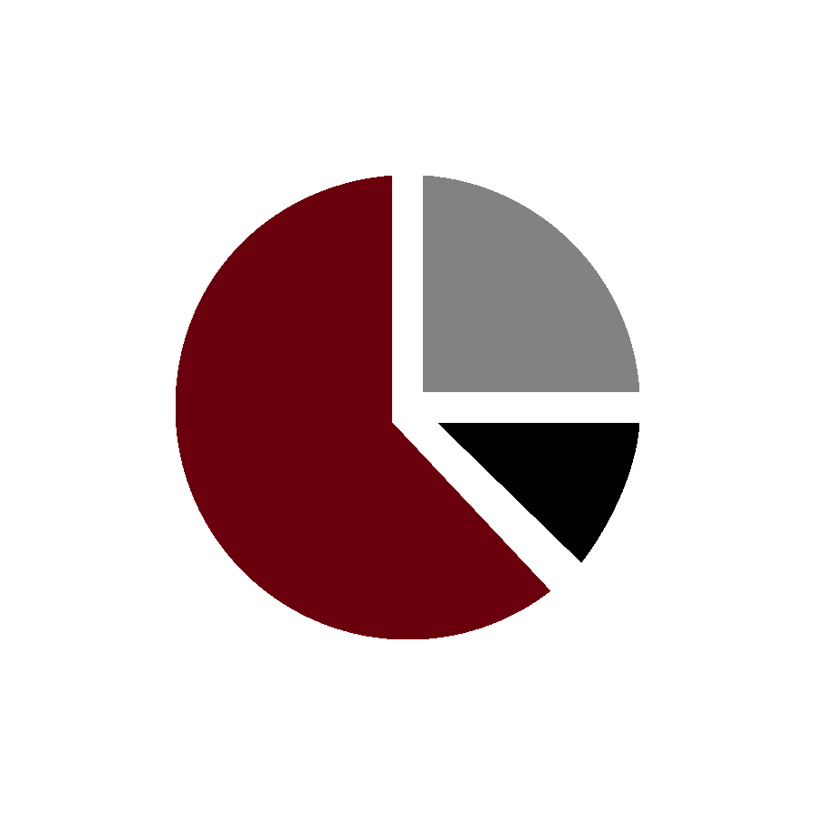 red, gray and black icon of a pie chart with three sections