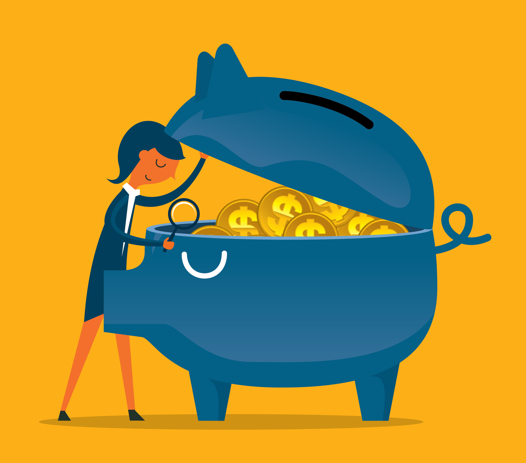 a graphic of a professional adult peering into a piggy bank full of gold coins with a magnifying glass