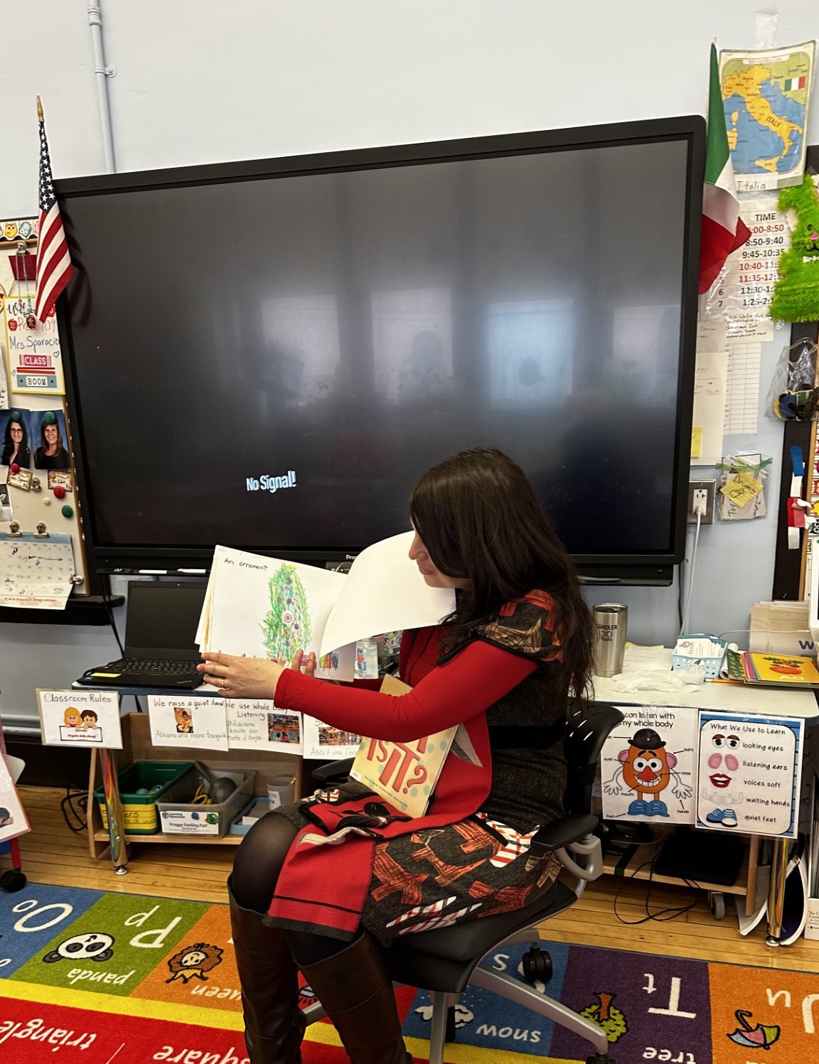 Author Valentina Rizzi working with kindergarten students at P.S.112 Lefferts Park Elementary School, Brooklyn, NY