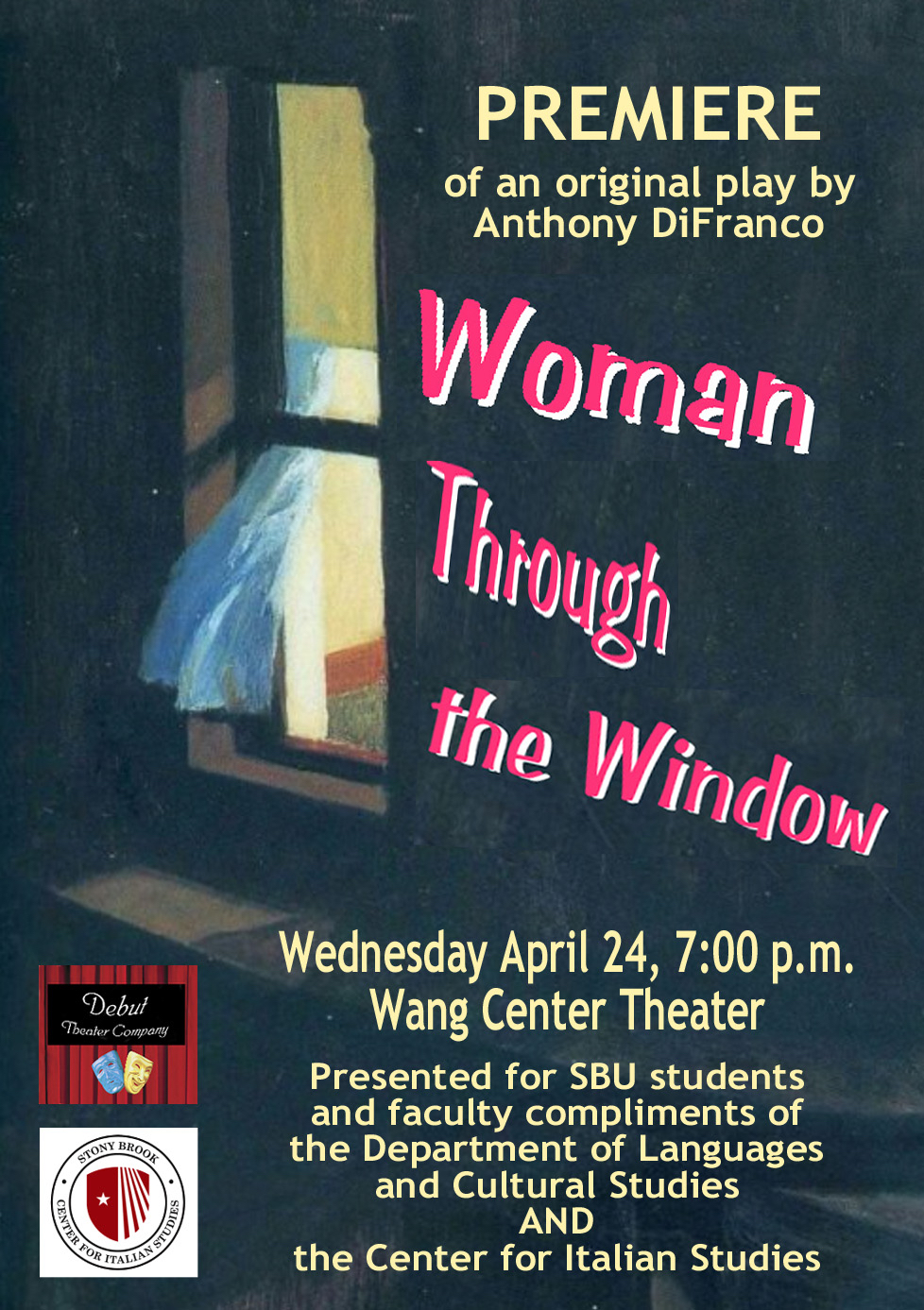 Poster advertising the new Anthony DiFranco play Woman through the Window