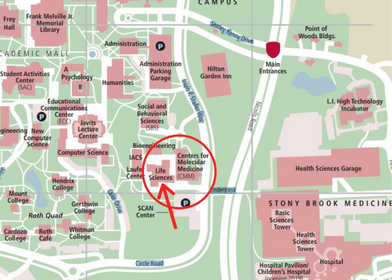 Portion of the campus map with a red circle around Life Sciences Building and Centers for Molecular Medicine