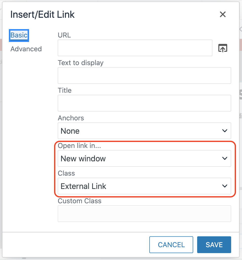 External link options selected in dialog box
