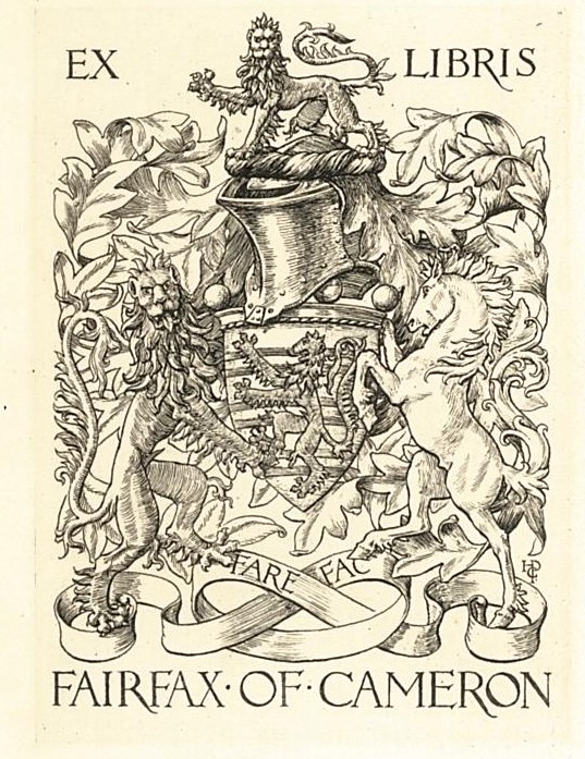 Armorial bookplate of Fairfax of Cameron, with motto "Fare Fac."