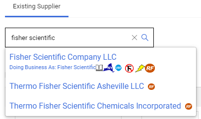 Enter Supplier box with "Hewlett" typed in the box with two options appearing below: Hewlett Package company sb SUNY Funds and RF Funds and Hewlett Package company SUNY Funds and RF Funds